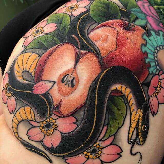 16 Latest Apple Tattoos To Inspire You In 2024! 15 Black Snake Apple Tattoo