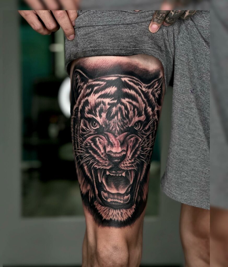 11+ Tiger Leg Tattoo Ideas That Will Blow Your Mind! 12 Black Tiger Face Tattoo