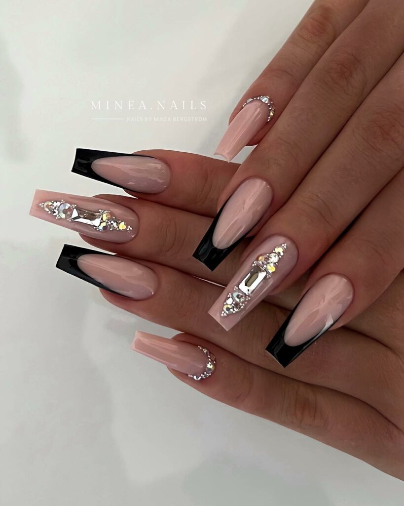 20 Latest Black Christmas Nails Ideas To Inspire You In 2024! 15 Black-Tipped Elegance with a Sparkling Twist