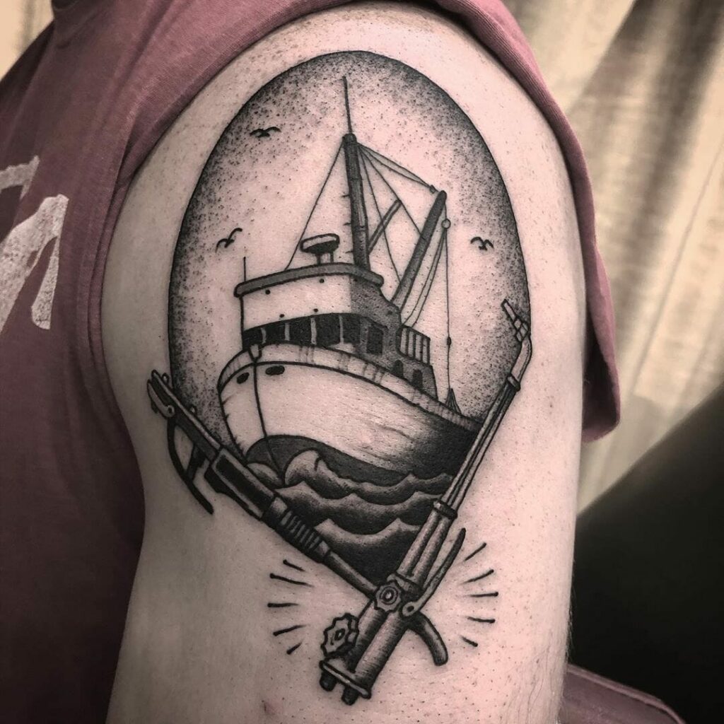 11+ Dark Age Tattoo Designs You Need To See! 13 Black and Gray Military Ship Tattoo