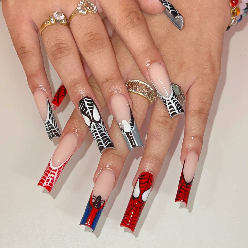 35 Amazing Spiderman Nail Designs To Try In 2024! 26 Black and White Acrylic Spiderman Nails