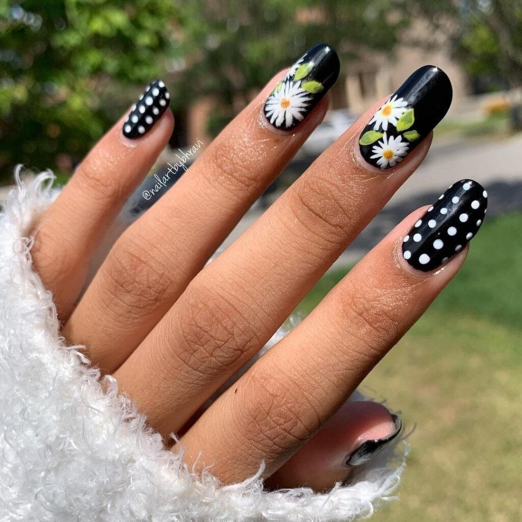 Find Your Style with 30 Daisy Nail Designs for 2024 30 Black and White Daisy nails