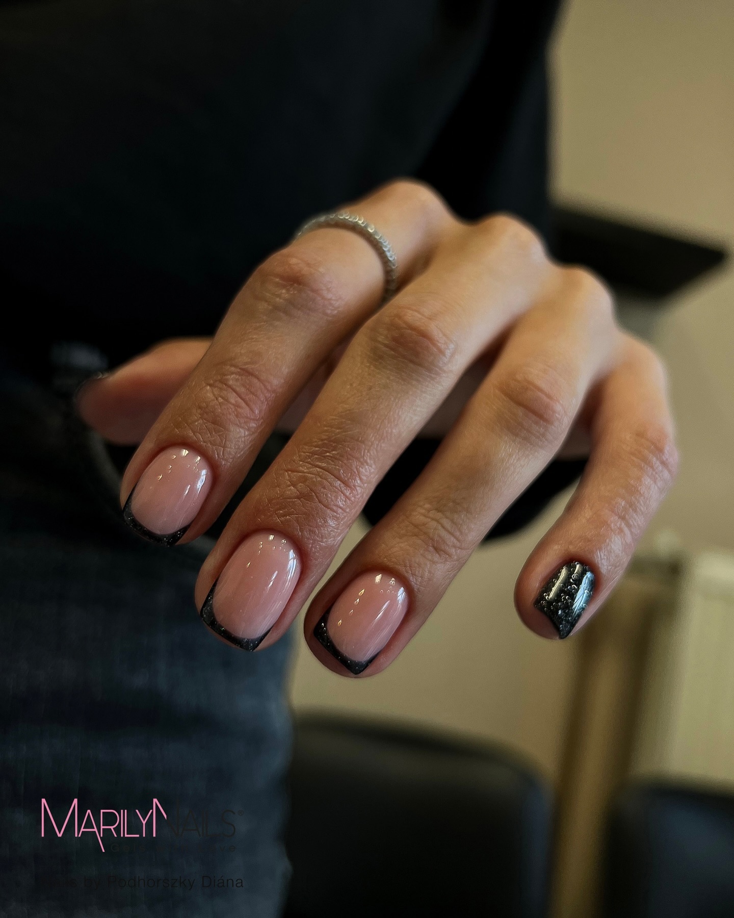 20 Latest Edgy Nail Designs With Drawings to Try In 2024! 48 Black-tipped French Manicure with Glittery Flair