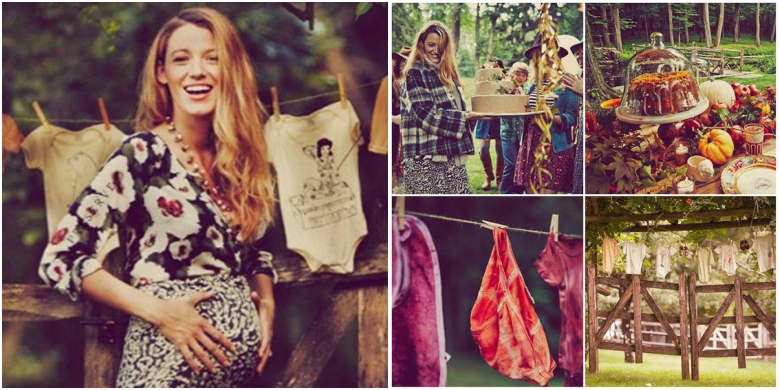 What to Wear to a Baby Shower 28 Pregnant Blake Lively in patterned body con dress with three quarter length sleeves. Rustic baby shower setting with cake and children's clothes on washing line.