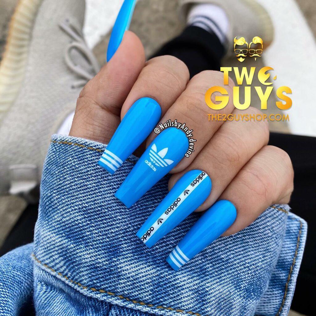 30 Latest Blue And White Nail Ideas To Try In 2024! 15 Blue Adidas-Inspired Nails with Iconic Stripes
