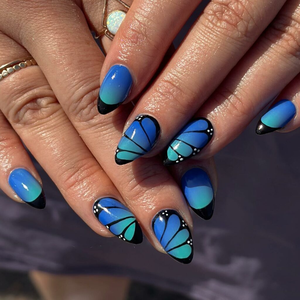 22 Latest Preppy Nail Ideas To Try In 2024! 27 Light Blue Butterfly Nails Design Ideas
