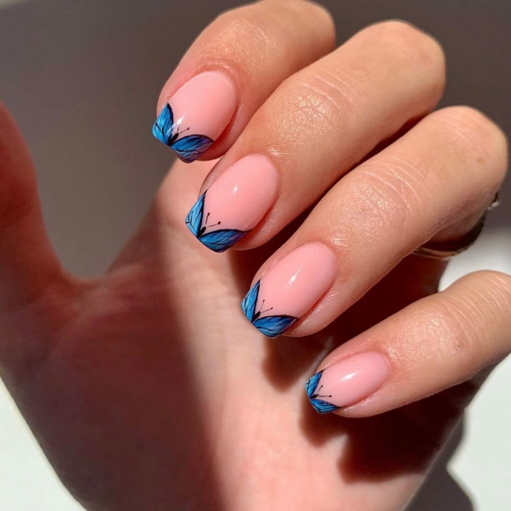 20 Latest Short Blue Nail Designs To Try In 2024! 13 Blue Butterfly Short French Nails