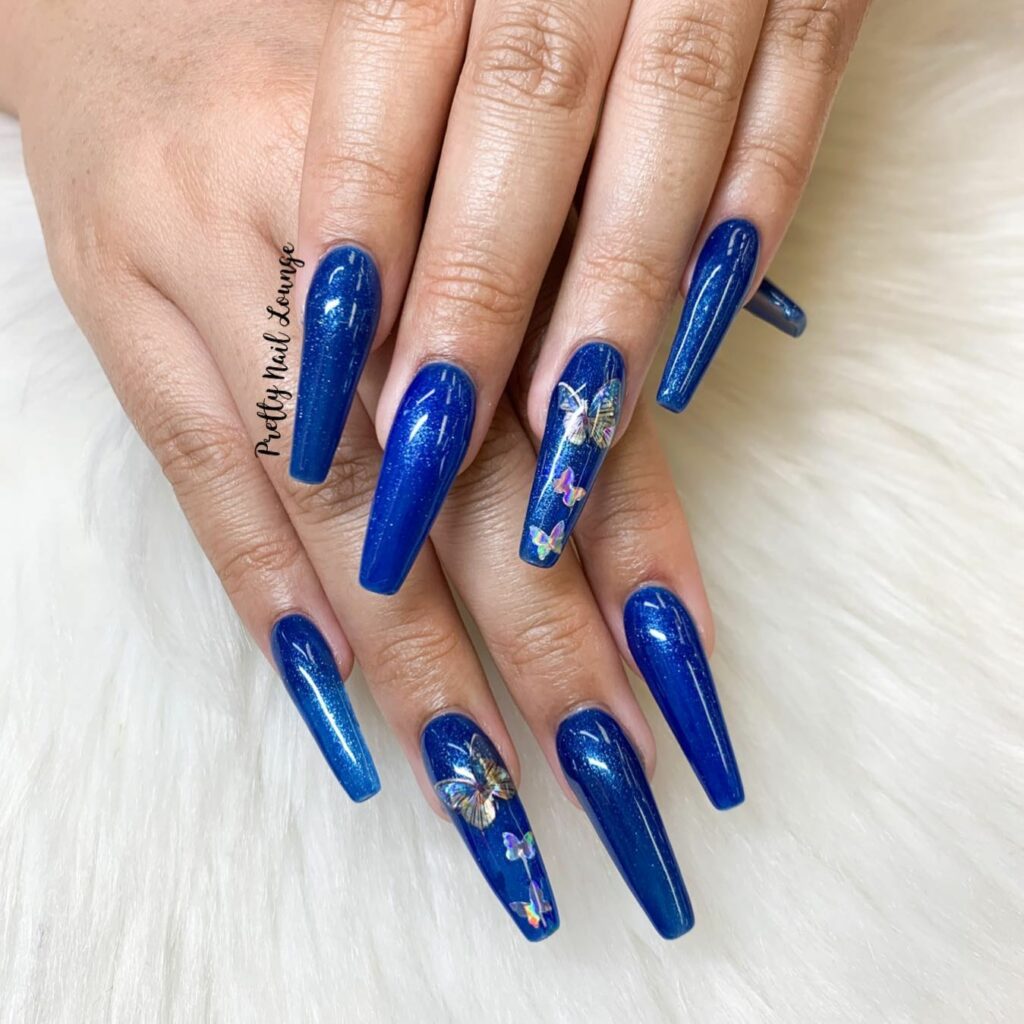 22 Latest Blue Chrome Nail Ideas To Try In 2024! 42 Blue Coffin Nails with Butterfly Accents