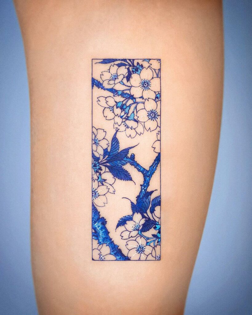 12+ Frame Tattoo Ideas To Inspire You! 18 Blue Frame Cherry Blossom Tattoo