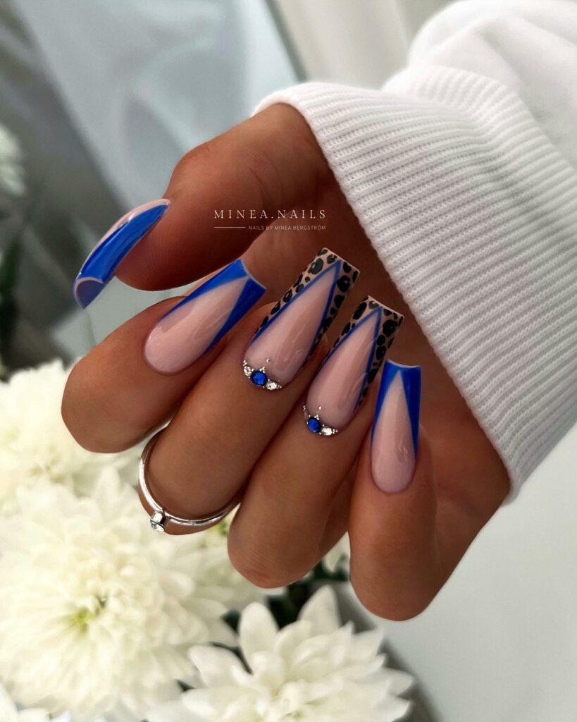 Try 50 Coffin French Tip Nail Designs in 2024 27 Blue French Coffin Nails with Cheetah Print
