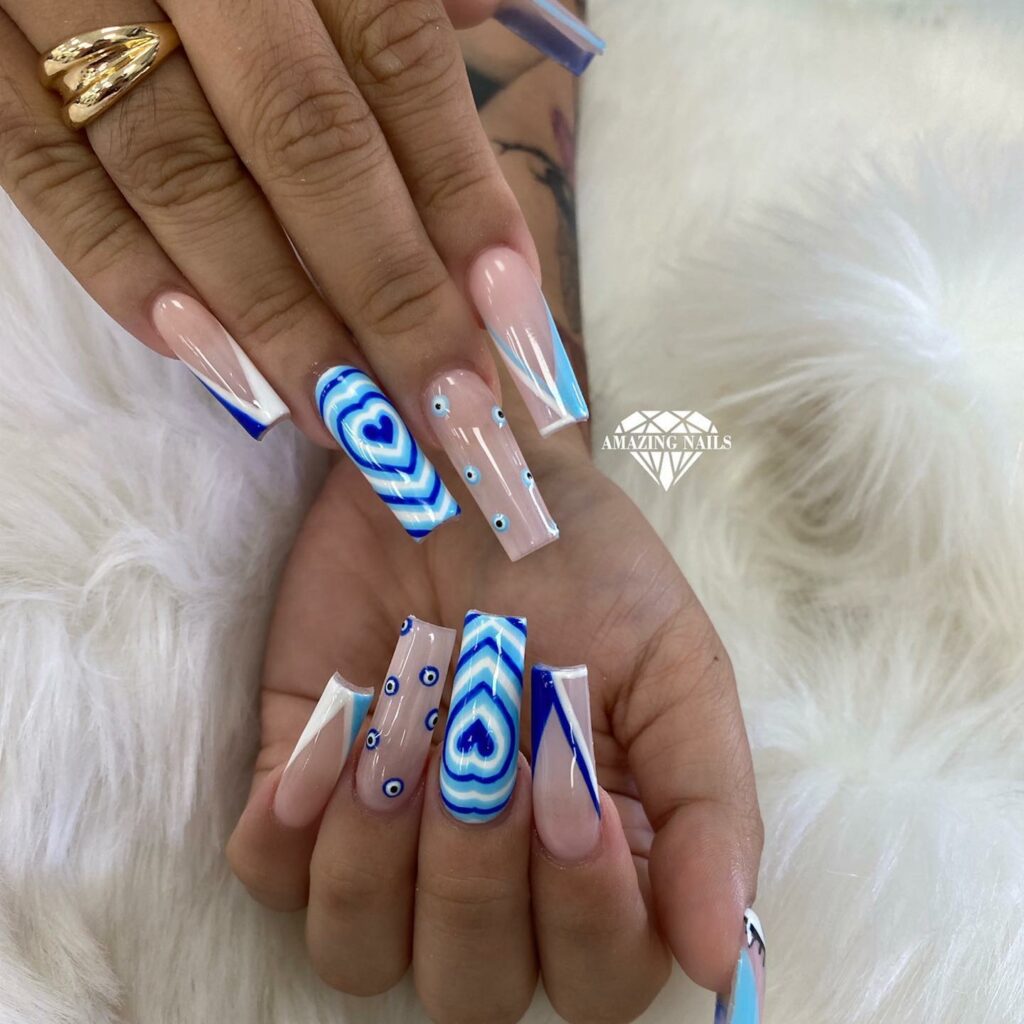 34 Latest Blue Acrylic Nail Designs To Try in 2024 19 Heart Designs on Blue Acrylic Nails