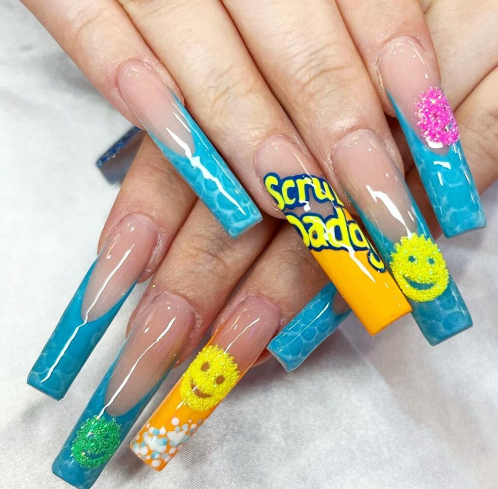 34 Latest Blue Acrylic Nail Designs To Try in 2024 25 Playful Smiley Face Baby Blue Acrylic Nails