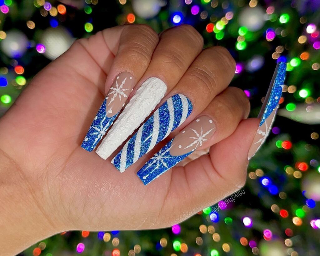 Celebrate with 30 Christmas Coffin Nail Ideas in 2024 13 Blue Sweater Inspired Acrylic Christmas Nails