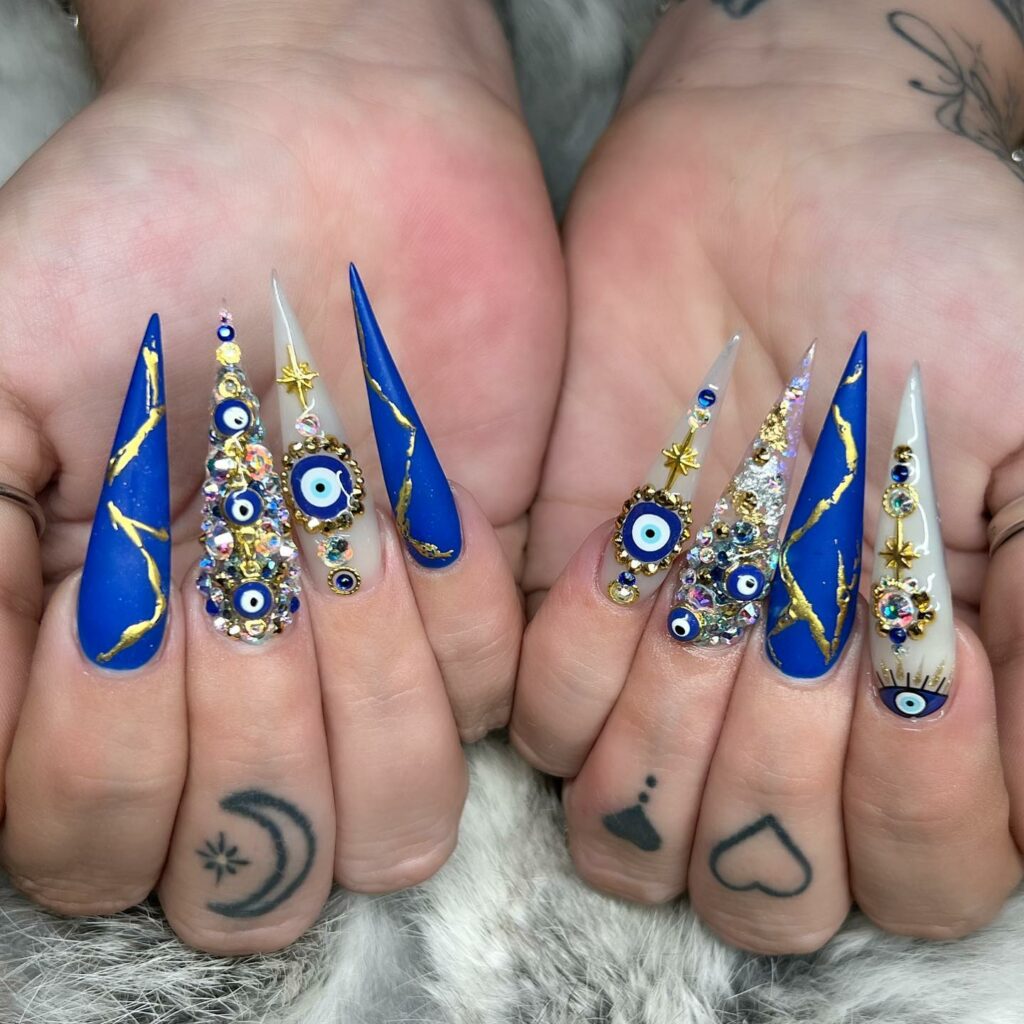 Channel Mystique with 20 Evil-Eye Nail Designs for 2024 21 Blue-and-Gold evil eye nails