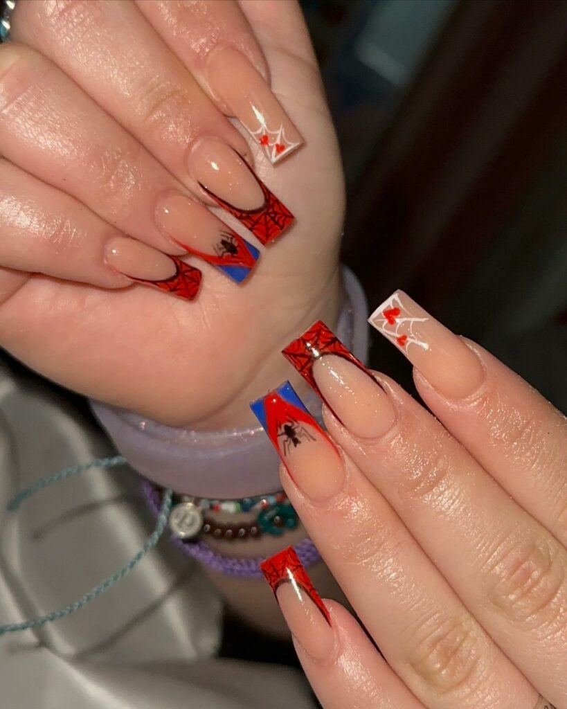 35 Amazing Spiderman Nail Designs To Try In 2024! 32 Blush Square Spiderman Nails