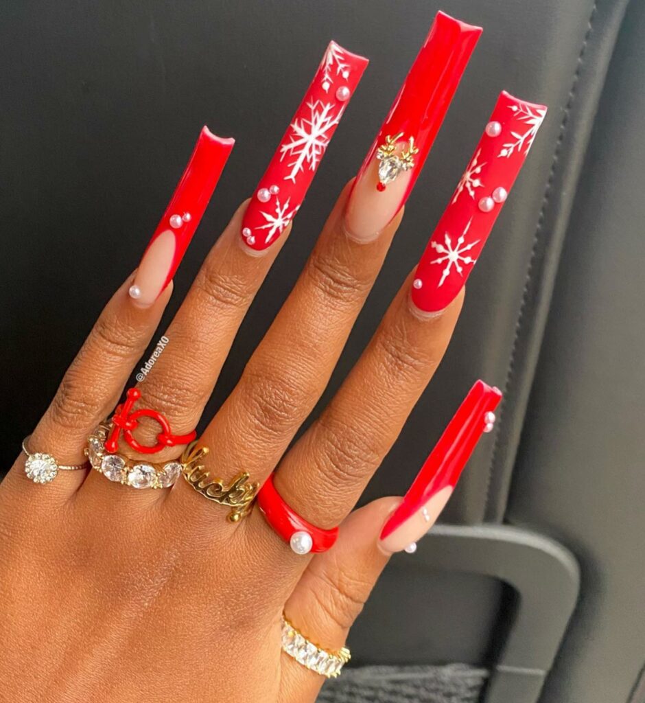 Sport 35 Festive Red Christmas Nails in 2024 40 Vivid Red with Snowflake and Pearlescent Highlights