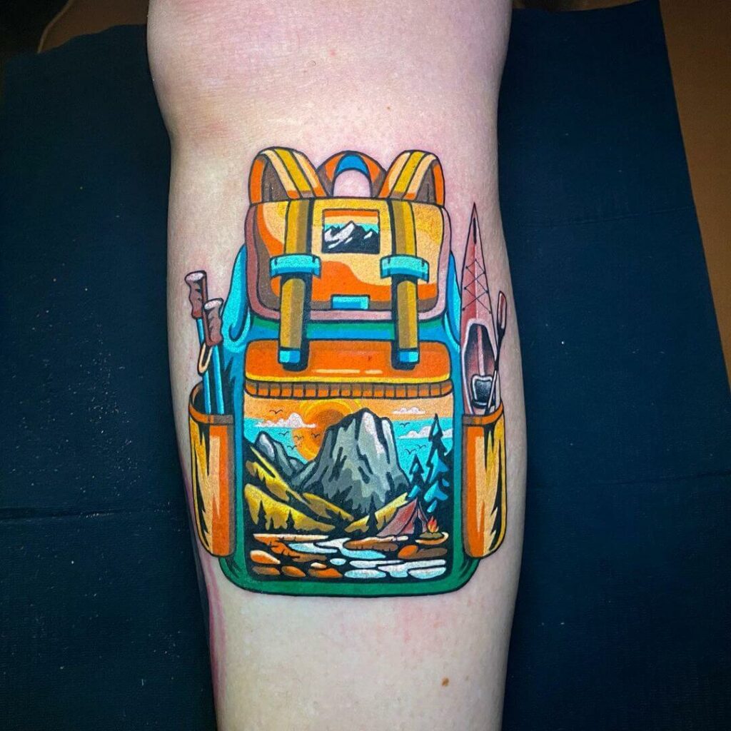 12+ Hiker Tattoo Ideas To Inspire You! 11 Bright And Colourful Backpack Tattoo