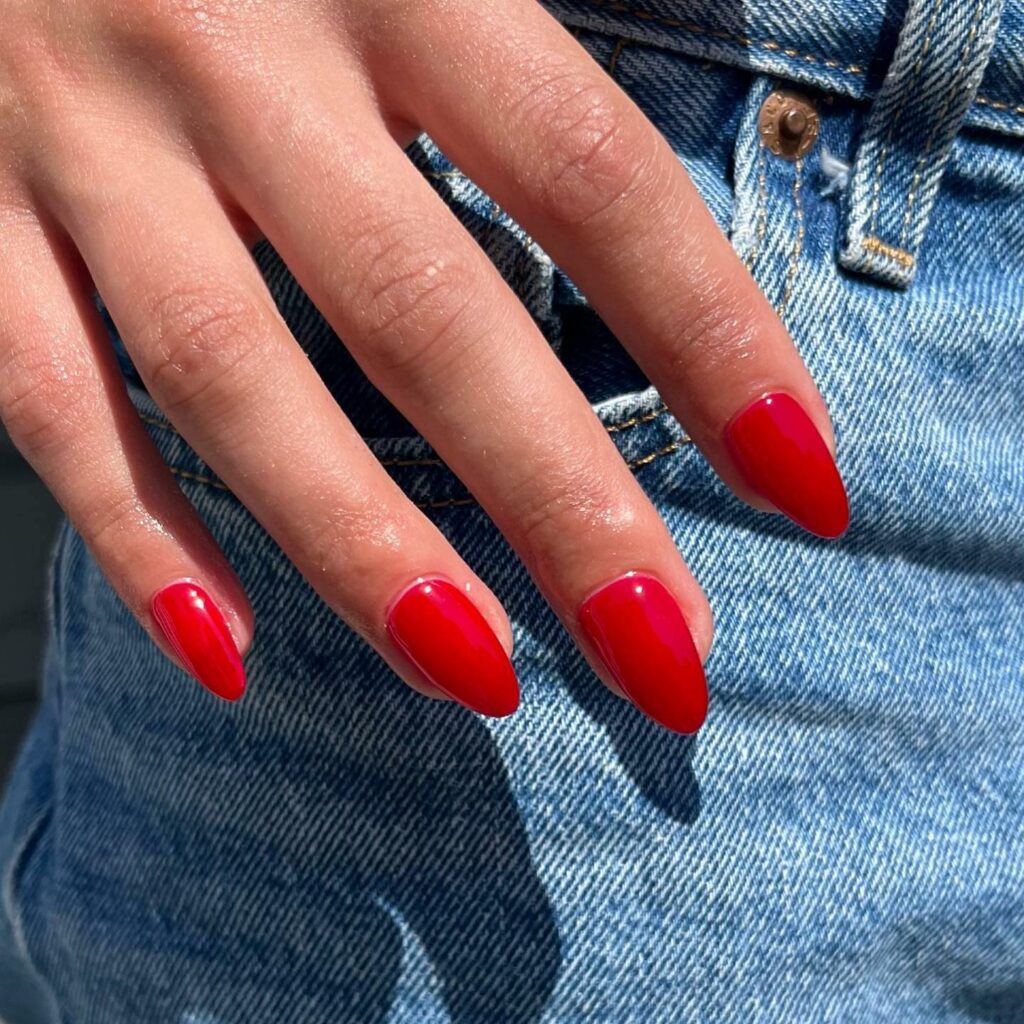 49 Latest Thanksgiving Nail Designs For 2024 28 Bright, Poppy Red on Short Oval Nails