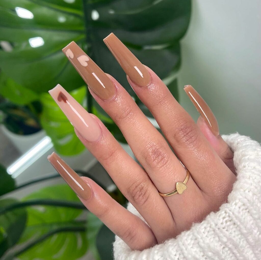 20 Latest Brown Acrylic Nails Ideas To Try In 2024! 15 Brown Acrylic Nails with Heart Motifs