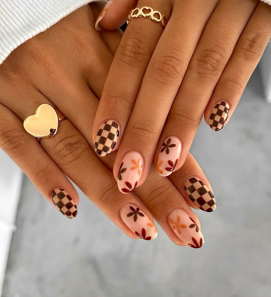 30 Latest Round Nail Designs To Try In 2024! 14 Brown Checkerboard and Flower Round Nails