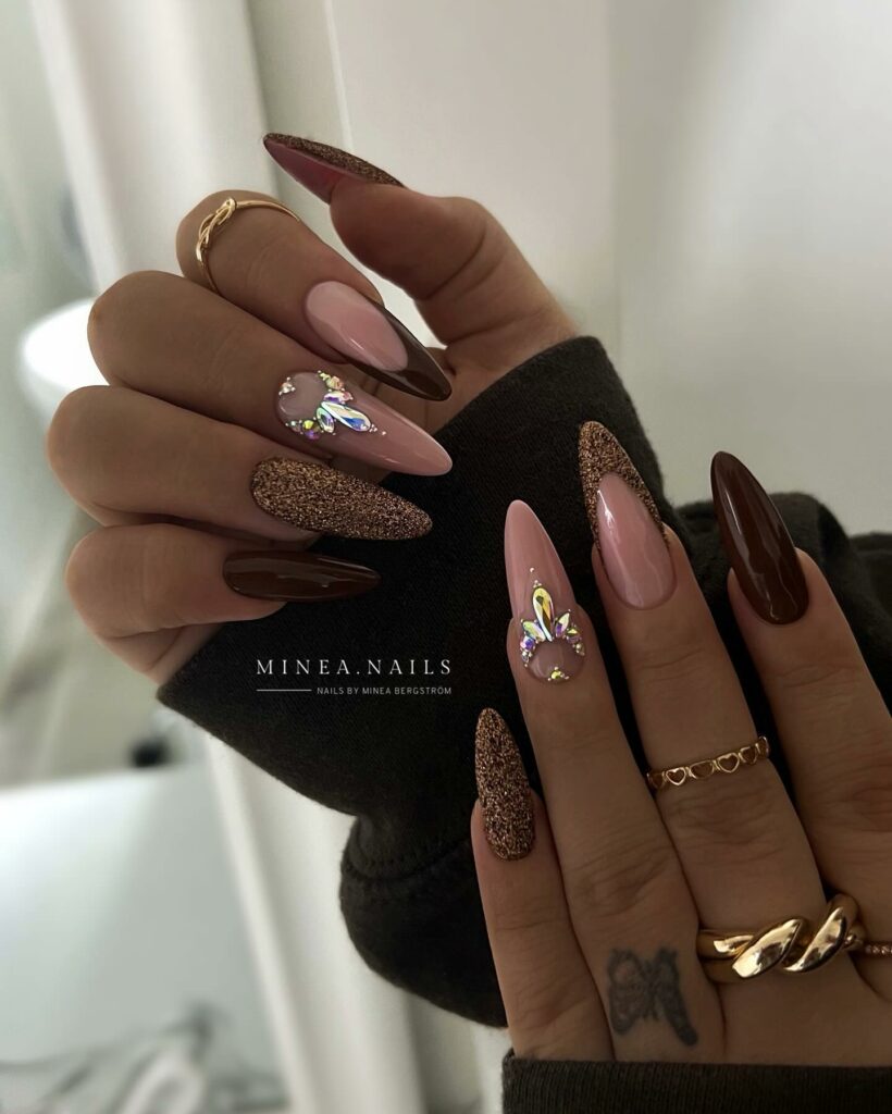 40 Latest Brown French Tip Nail Ideas To Try in 2024! 36 Brown French Nails with Glitter Highlights
