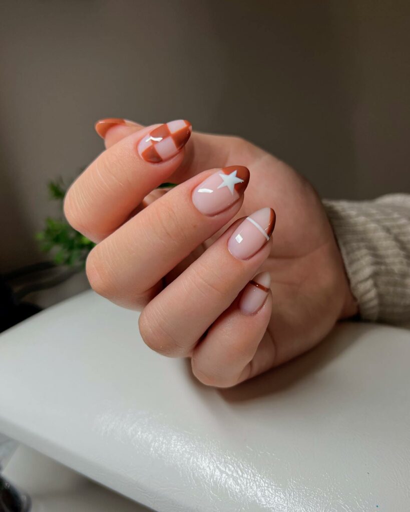Fall in Love with 57 Short Fall Nail Designs in 2024 54 Brown Short Fall Nails with Checkerboard and Star