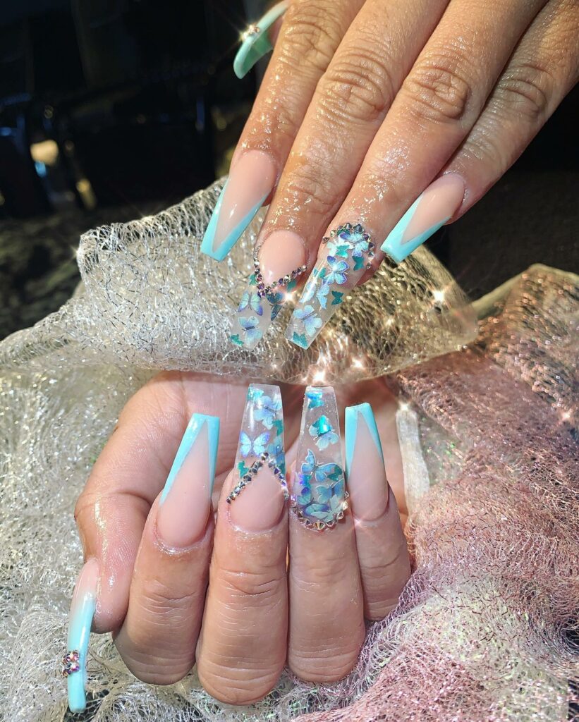 50 Latest Butterfly Nail Designs To try In 2024! 36 V French Tip Acrylic Butterfly Nails