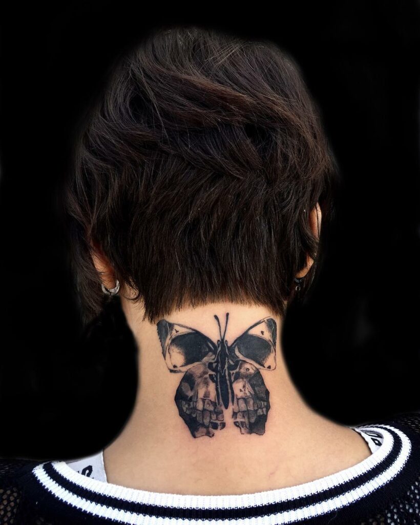 11+ Butterfly With Skull Tattoo Ideas That Will Blow Your Mind! 13 Butterfly Skull Back Neck Tattoo
