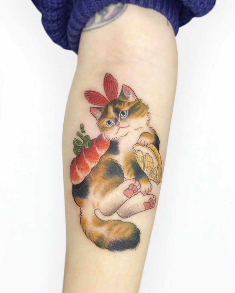 11+ Calico Cat Tattoo Ideas That Will Blow Your Mind! 14 Calico Cat With Sushi