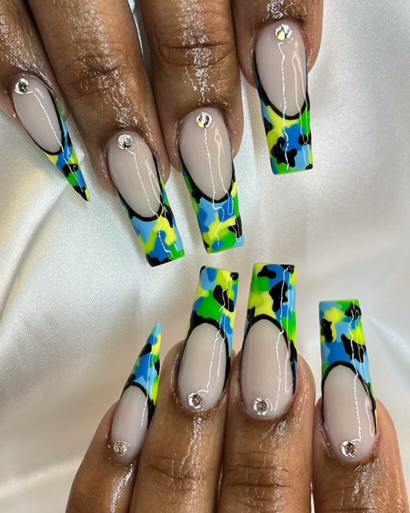 Try in 2024: 50 Latest Neon Green Nail Designs 47 Camouflage neon green french nails