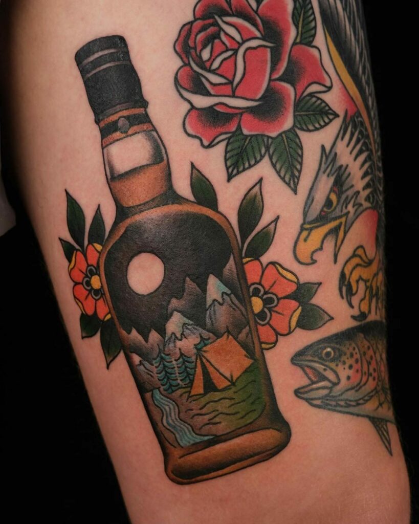 10+ Whiskey Tattoo Ideas That Will Blow Your Mind! 13 Camping Whiskey Bottle Tatoo