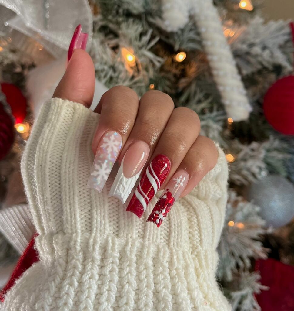 Celebrate with 30 Christmas Coffin Nail Ideas in 2024 22 Candy Cane Delight Christmas Coffin Nails