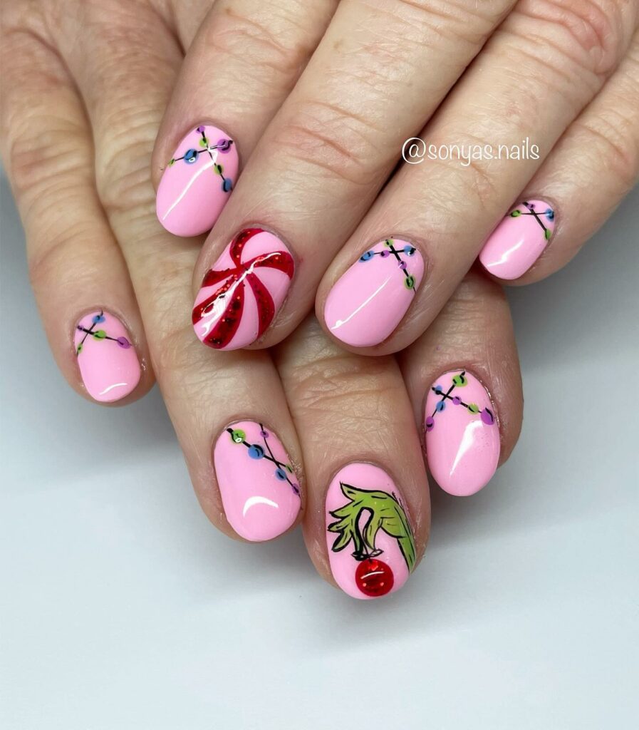 Embrace the Holiday Spirit in 2024 18 Candy Cane and Pink Grinch Nails