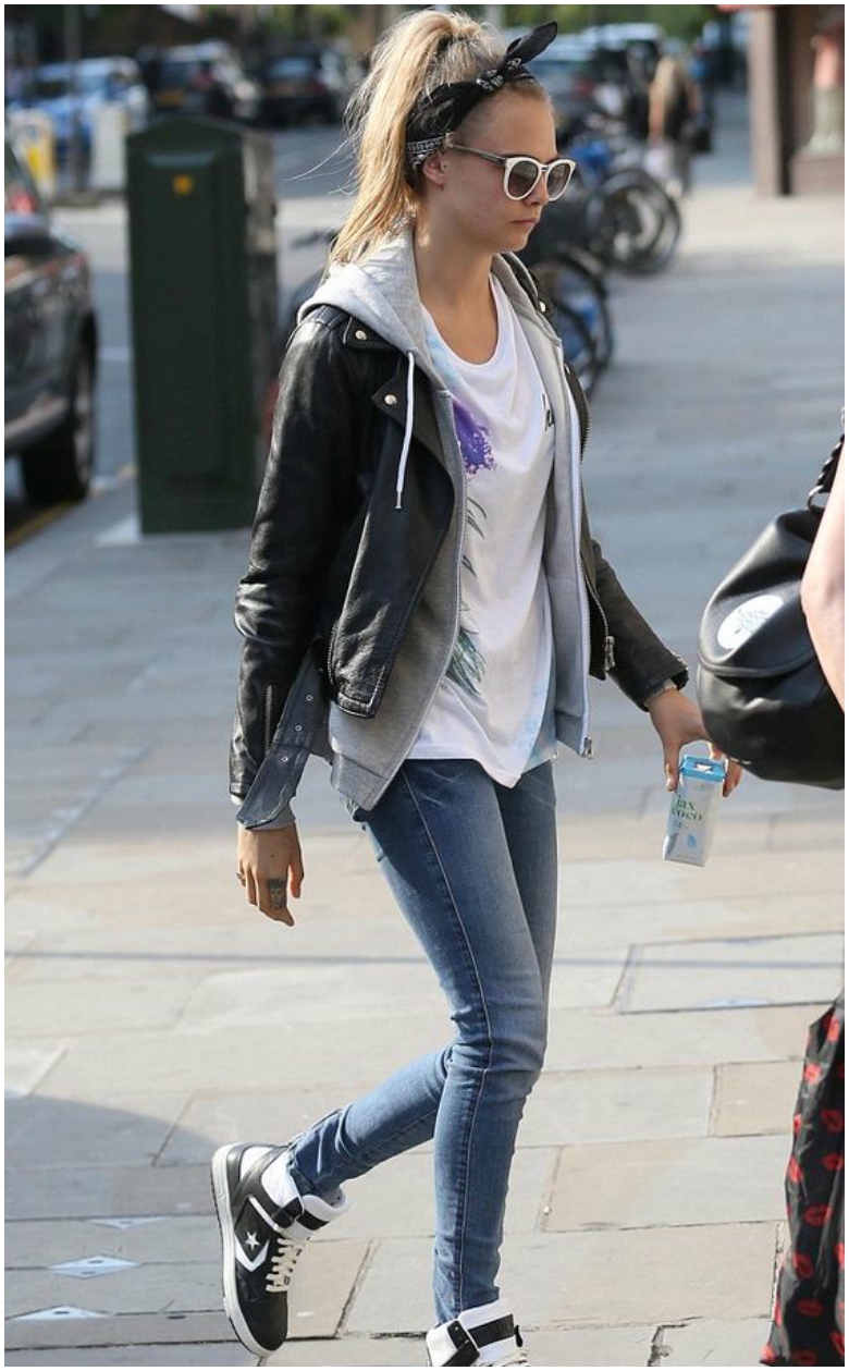 How to Wear a Leather Jacket All Year Round 27 Cara Delavine black leather jacket grey hoodie white t-shirt blue jeans high-tops