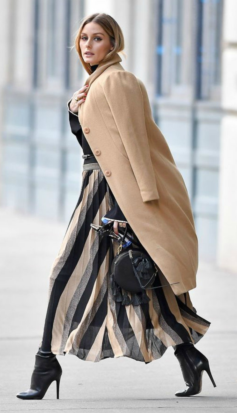 The Ultimate Winter Coat - Camel Coat 42 Celebrities wearing camel coats Olivia Palermo - striped skirt, heeled boots and camel coat