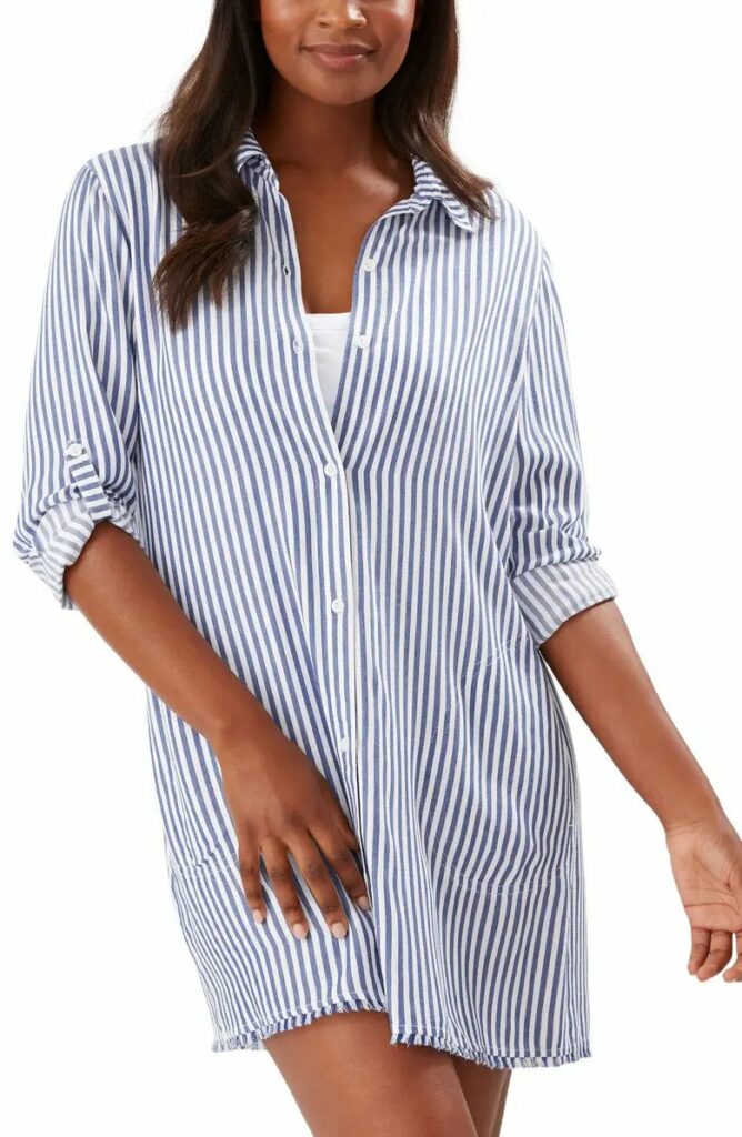 Chambray Stripe Long Sleeve Cover-Up Boyfriend Shirt