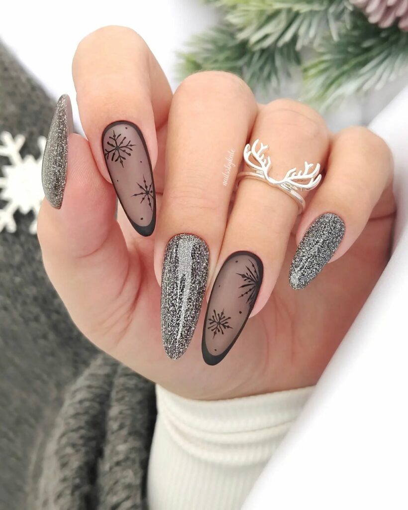 40 Latest Winter Nail Designs To Try In 2024! 10 Charcoal Grey Christmas Nails with a Festive Sparkle