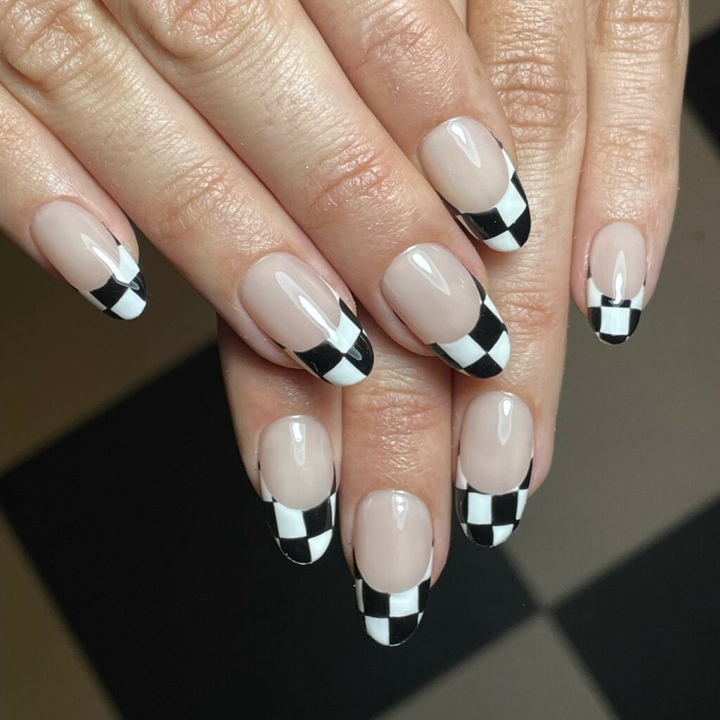 Try 30 Black French Tip Almond Nail Designs of 2024 28 Checkerboard Charm nails