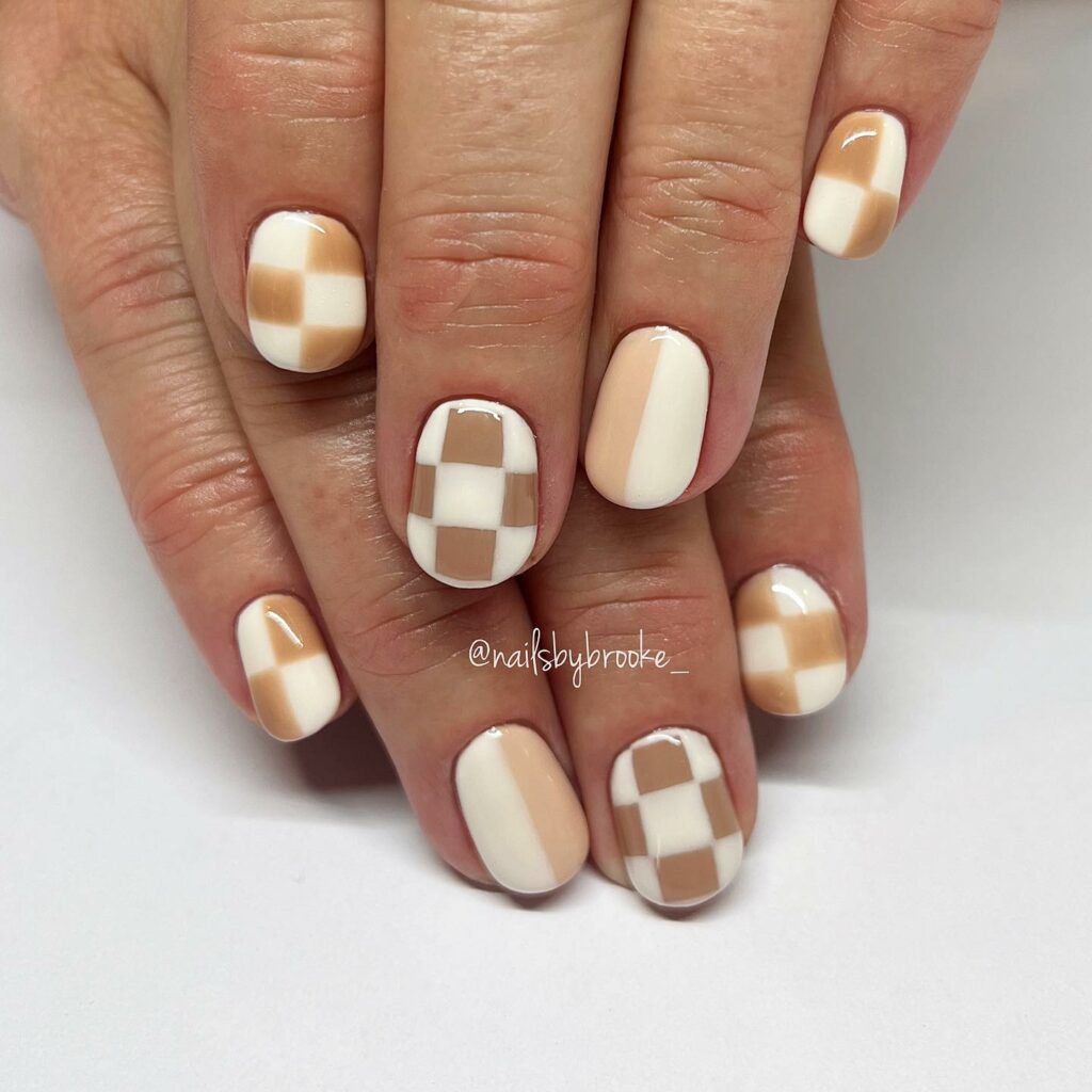 Bring Warmth with 20 Light Brown Nail Ideas in 2024 16 Checkered Chic Light Brown Nails