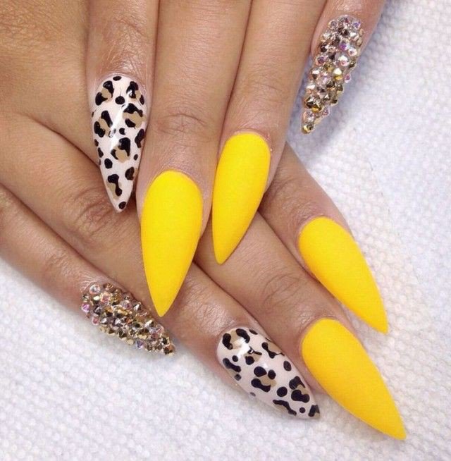 35 Latest Short Stiletto Nail Ideas to Try in 2024! 27 Cheetah Print and Yellow Short Stiletto Nails