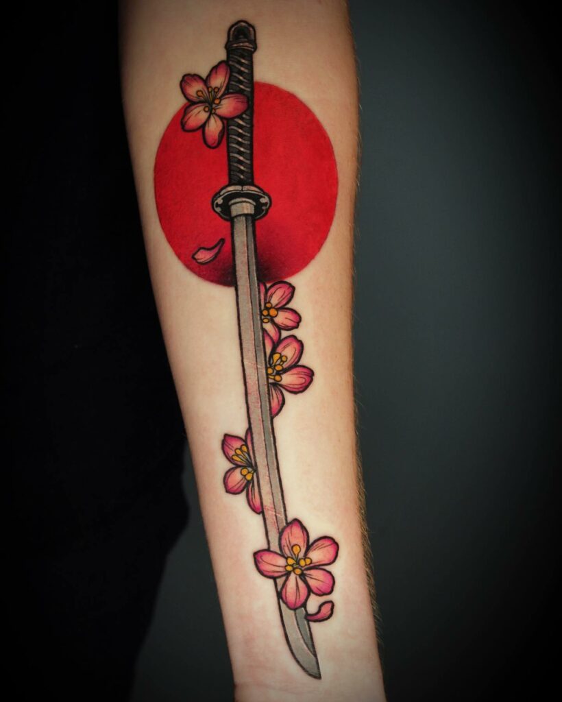 11+ Katana Sword Tattoo Ideas That Will Blow Your Mind! 14 Cherry Blossom Katana Sword Tattoo