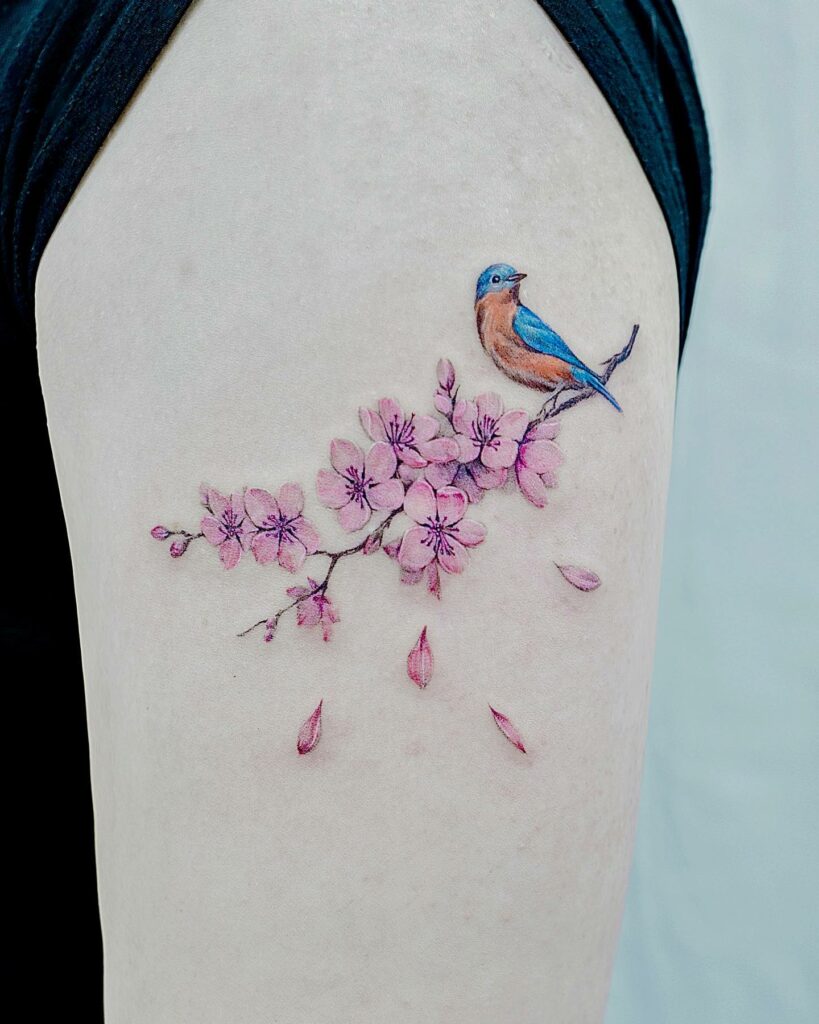 11+ Feminine Cherry Blossom Tattoo Ideas That Will Blow Your Mind! 20 Cherry Blossom With Bird Tattoo Designs
