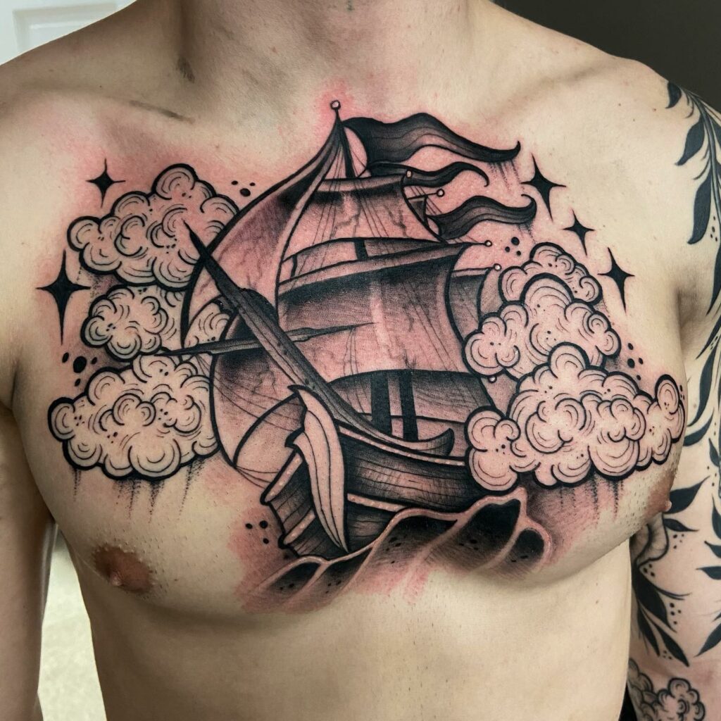 12+ Traditional Pirate Ship Tattoo Ideas To Inspire You! 12 Chest Tattoo Of A Pirate Ship