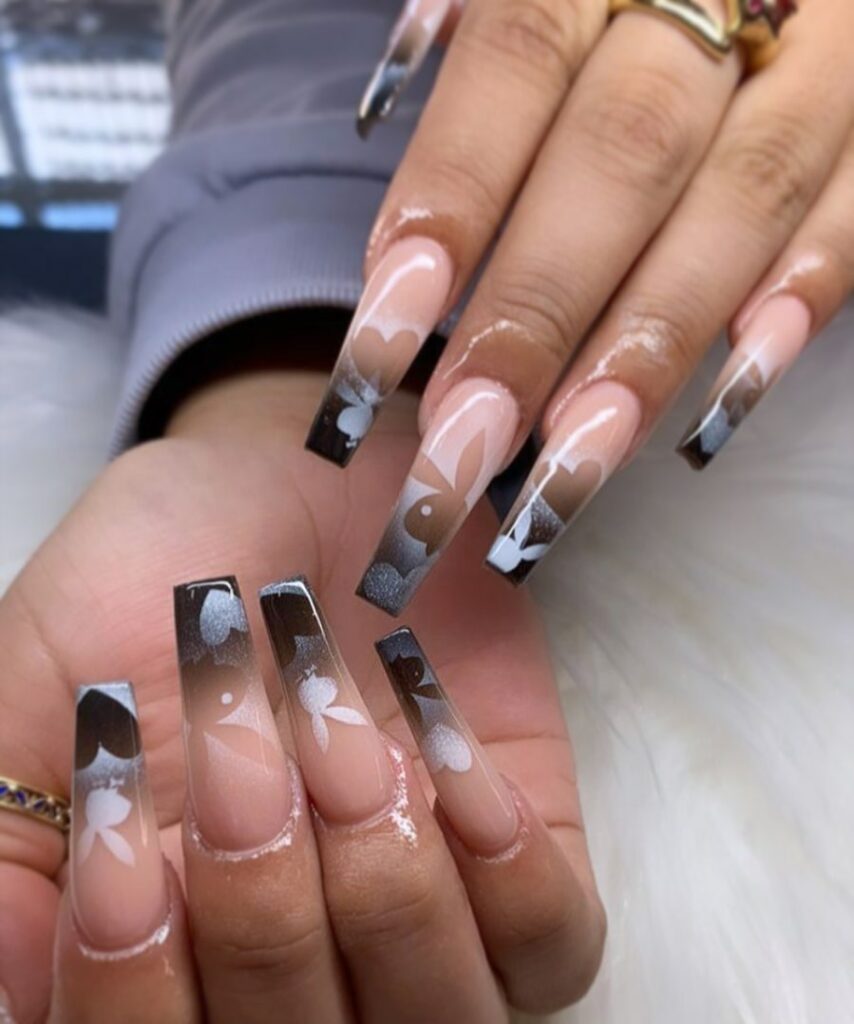 28 Stunning Playboy Nail Designs for 2024 24 Chic Clear Playboy Nails with Monochrome Accents