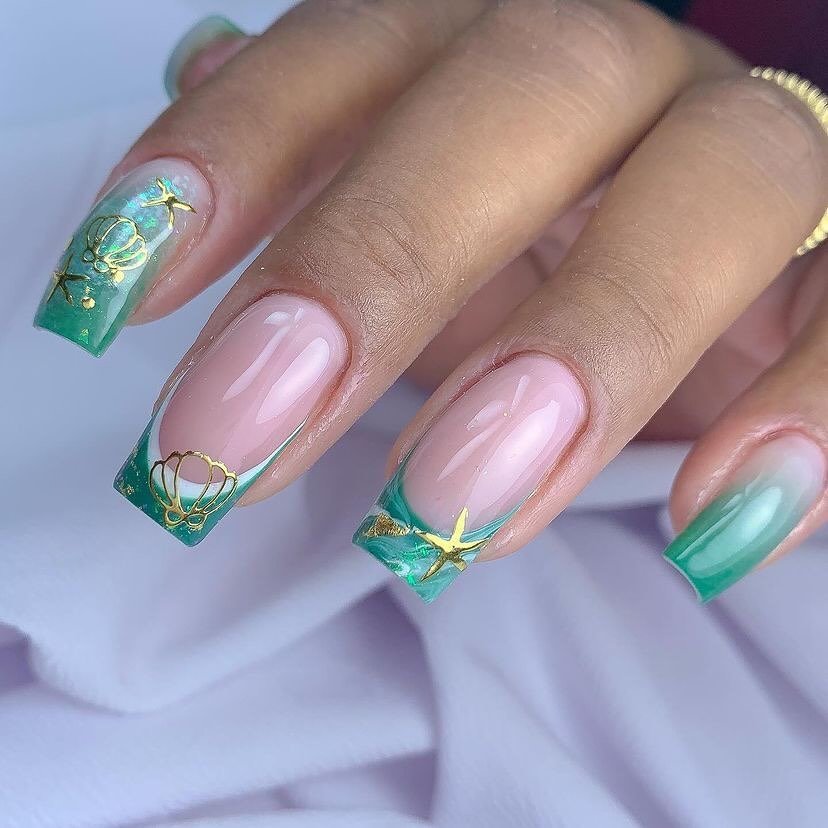 20 Latest Green Nail Designs To Try Today ✨ 13 Chic Aquatic Themed Nails with Star Charms