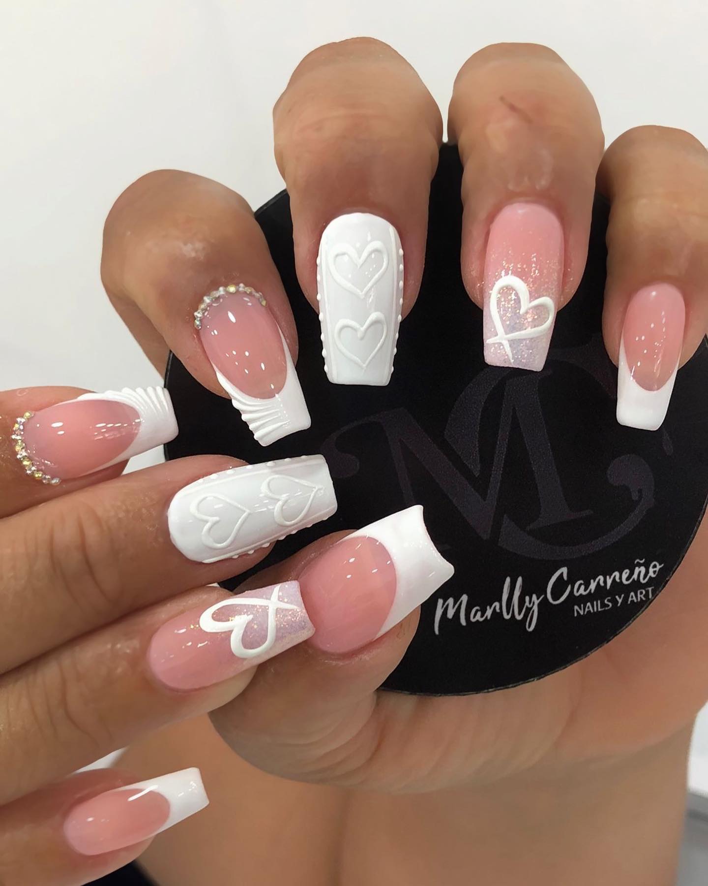 30 LATEST GREEN NAIL DESIGNS TO TRY TODAY ✨ 13 Chic Pink Gloss with Elegant White Hearts
