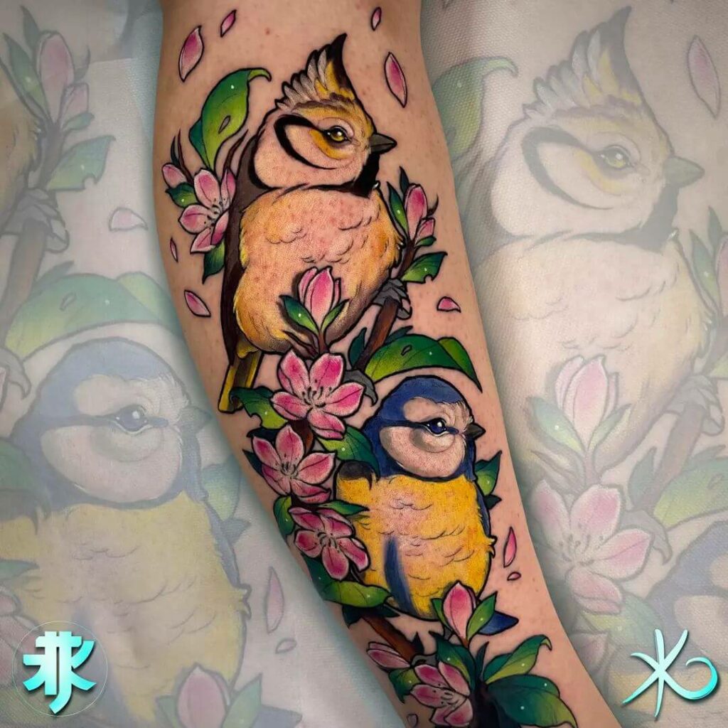 11+ Chickadee Tattoo Ideas That Will Blow your Mind! 13 Chickadee With Flowers & Leaves Tattoo