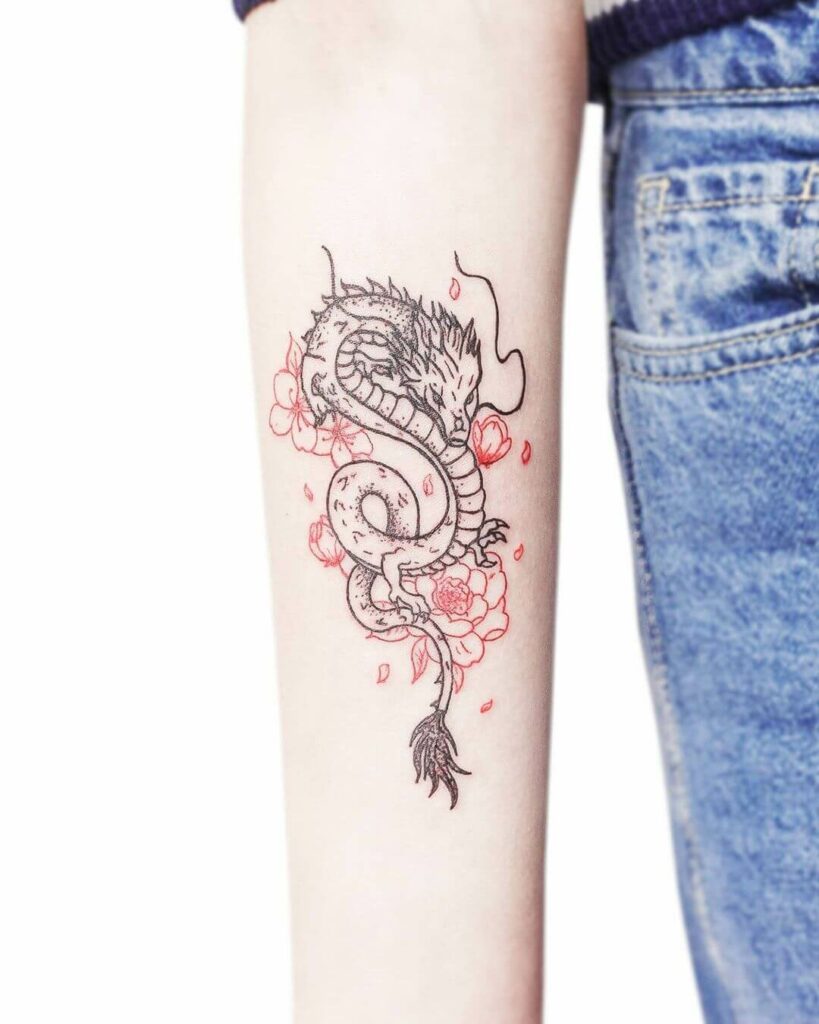 11+ Chinese Dragon Tattoo Arm Ideas That Will Blow Your Mind! 11 Chinese Dragon Arm Tattoo With Red Flowers