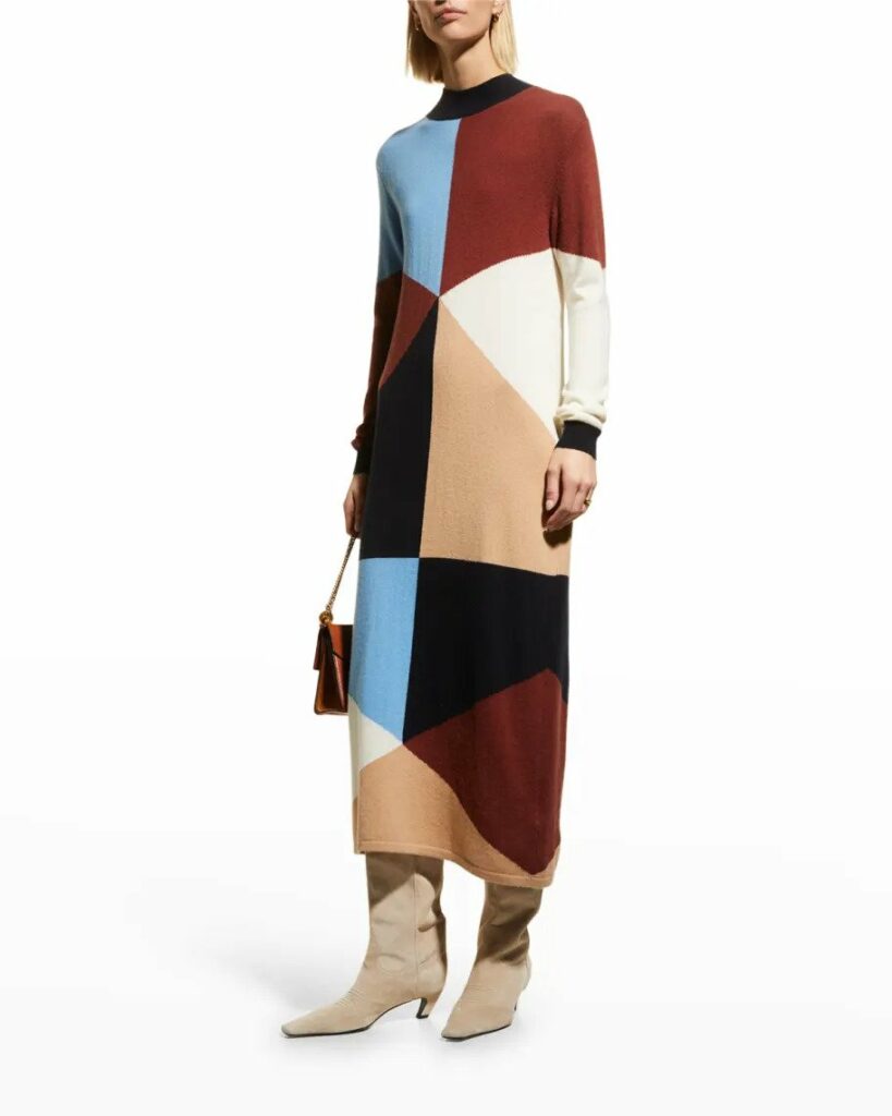 Chinti And Parker Eider Mock-Neck Geometric Cashmere Midi Dress