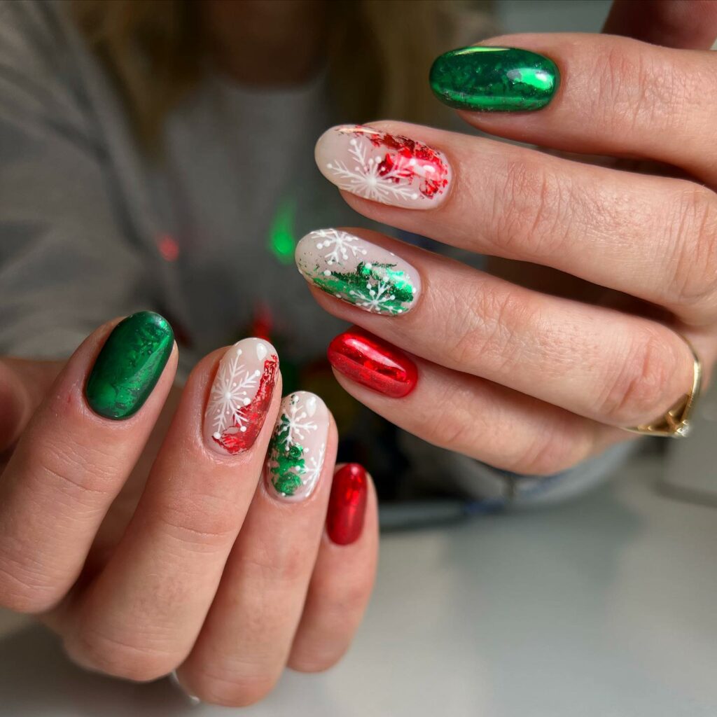Sparkle and Shine with 33 Glitter Christmas Nail Ideas in 2024 37 Festive Fir Tree with Snowflake Details Nails